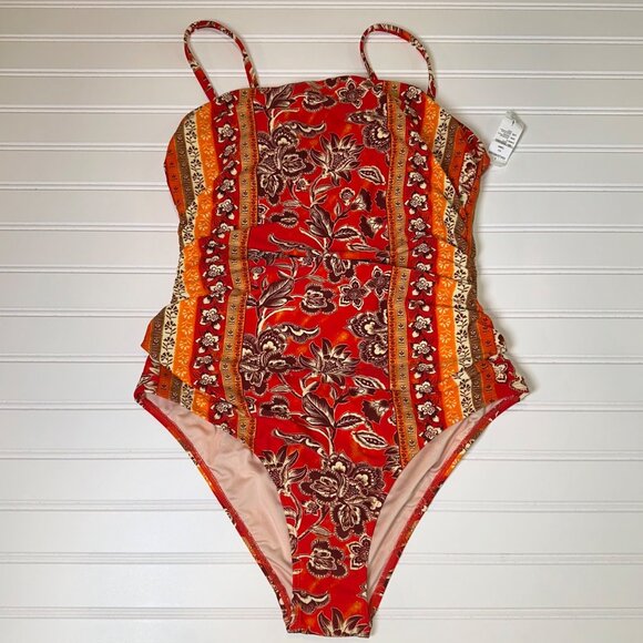 Cupshe Women’s One-Piece Swimsuit L Red Paisley Floral Square Neck Cutout Retro - Picture 1 of 8